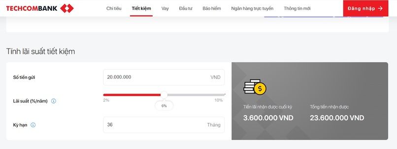 Công cụ tính lãi suất tự động của Techcombank